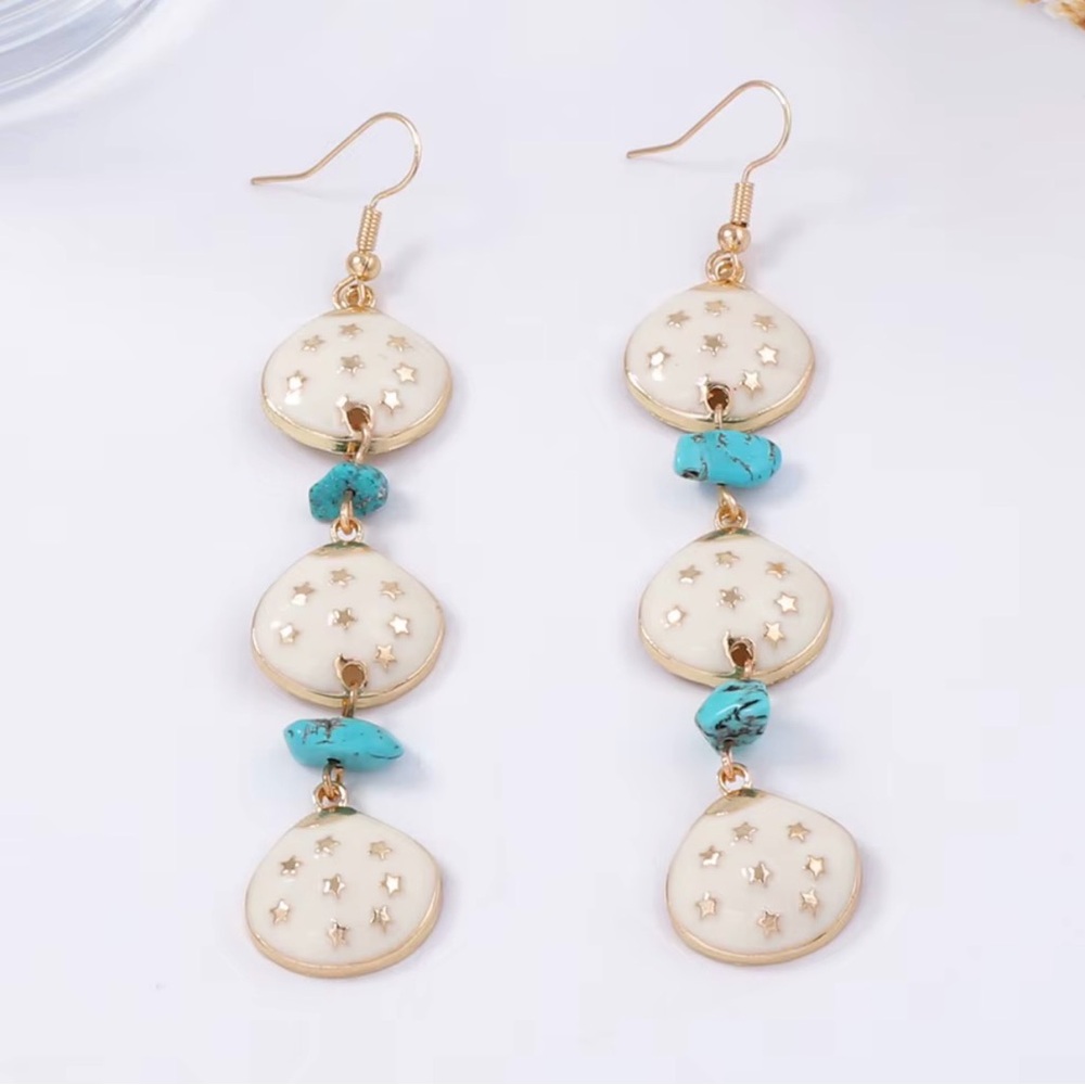 Elegant Gold and White Star Shell And Turquoise Stone Dangle Earrings - Picture 4 of 11